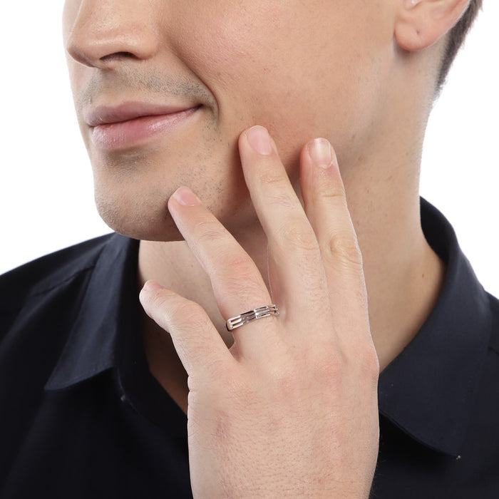 3 Lines Rhodium Plated 925 Silver Mens Ring (Adjustable)