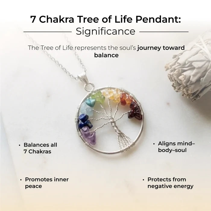 7 Chakra Tree of Life pendant with wire-wrapped natural gemstone leaves