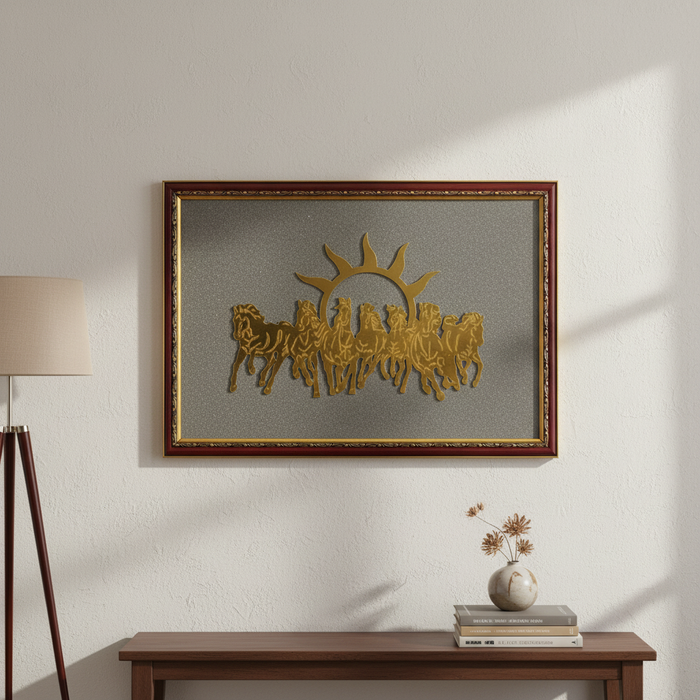 7 Horses Raw Pyrite Frame for Vastu & Prosperity - Extra Large Size (18*12 inch)