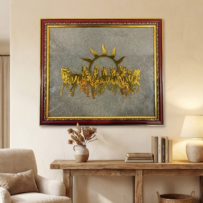 7 Horses Raw Pyrite Frame for Vastu & Prosperity - Large Size (12*12 inch)