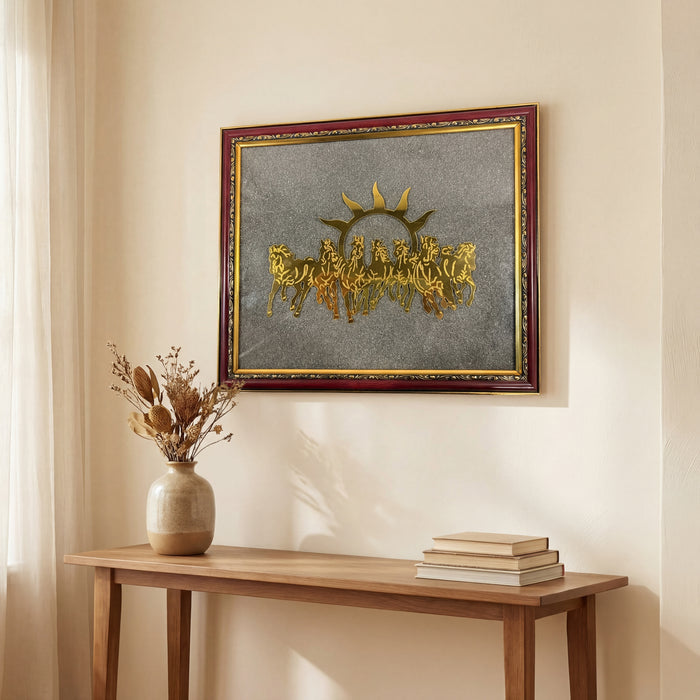 7 Horses Raw Pyrite Frame for Vastu & Prosperity - Large Size (12*12 inch)