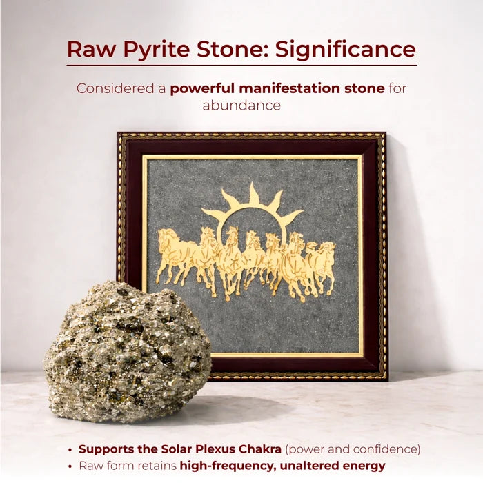 7 Horses raw pyrite frame paired with 7 Mukhi Nepali rudraksha – Dhan Yog combo