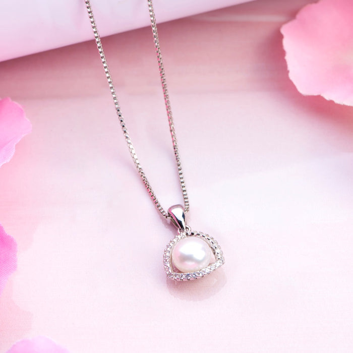 Abstract Elegance Pearl-CZ Rhodium-Plated 925 Sterling Silver Necklace