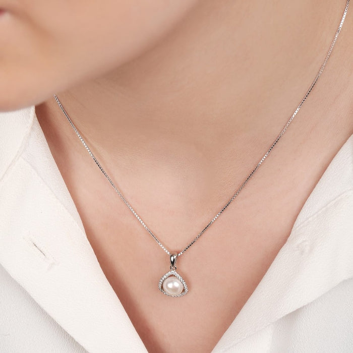 Abstract Elegance Pearl-CZ Rhodium-Plated 925 Sterling Silver Necklace