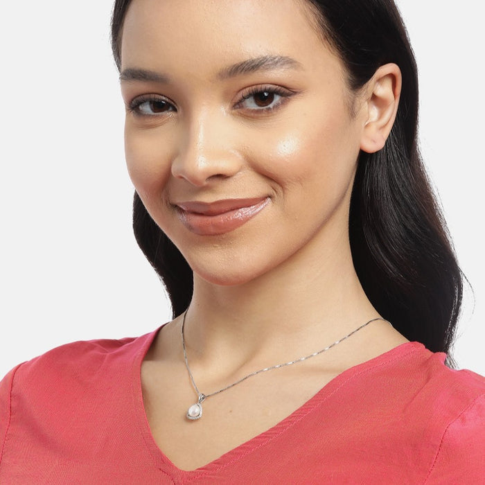 Abstract Elegance Pearl-CZ Rhodium-Plated 925 Sterling Silver Necklace
