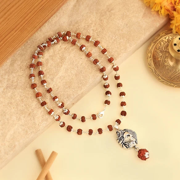 Silver-Capped Rudraksha Pendant with Adiyogi