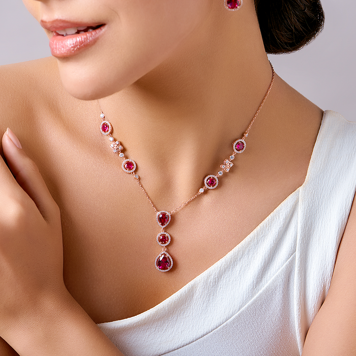 Woman wearing a 925 Sterling Silver rose gold-plated dark pink solitaire necklace for women – Zavya