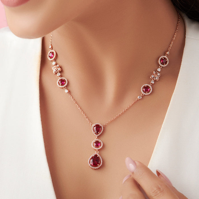 Woman wearing a 925 Sterling Silver rose gold dark pink necklace. Elegant jewelry for women – Zavya