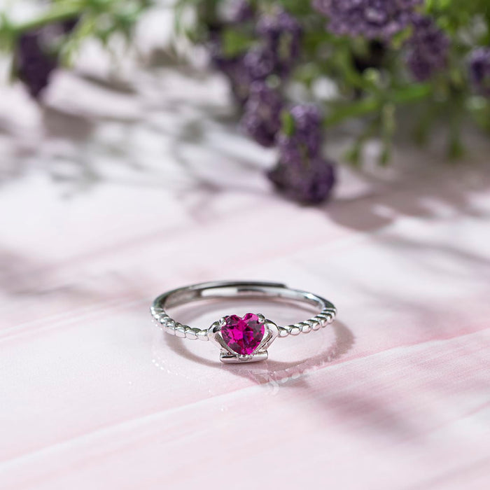 Alora Ruby Heart 925 Sterling Silver CZ Ring for Women (Adjustable)