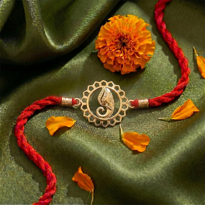 Auspicious Ganesha Mandala Gold Plated Silver Rakhi (Zavya Signature)