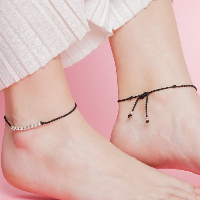 Beads Line Rhodium Plated 925 Sterling Silver Thread Anklet
