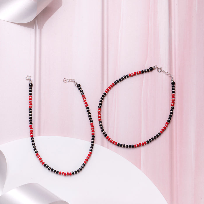 Black and Red Beaded 925 Sterling Silver Anklet