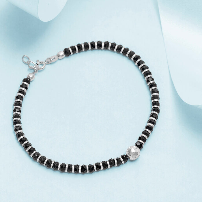 Black Beads 925 Silver Bold Bracelet in Silver Chain