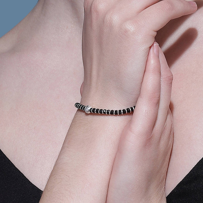 Black Beads 925 Silver Bold Bracelet in Silver Chain