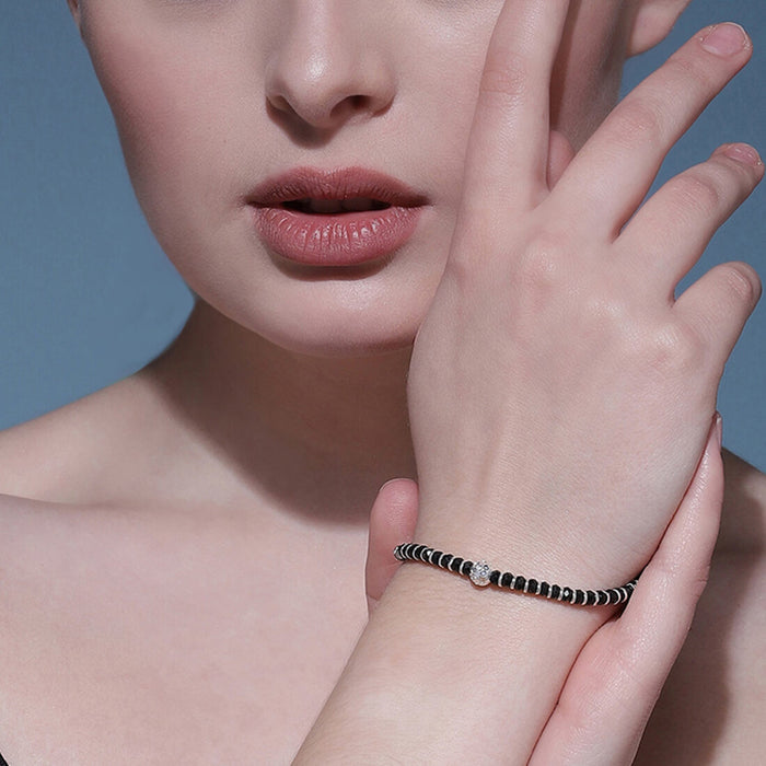 Black Beads 925 Silver Bold Bracelet in Silver Chain