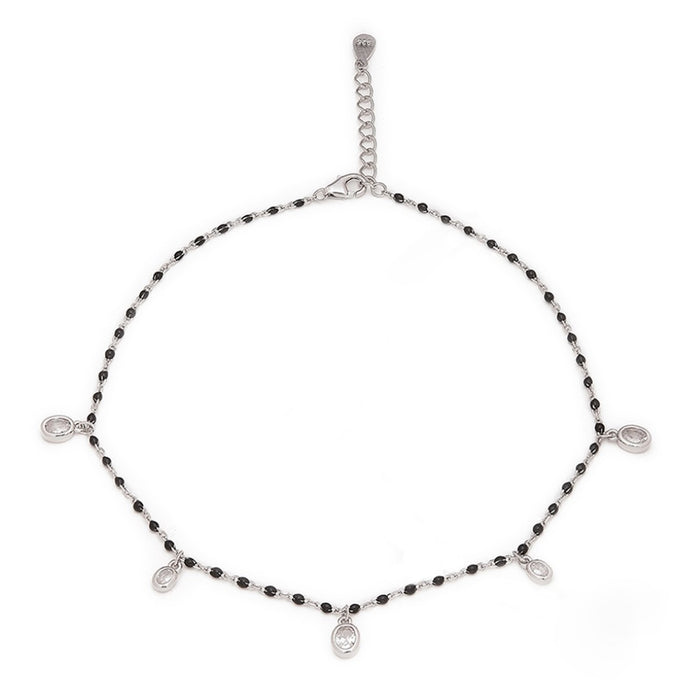 Black Beads CZ Rhodium Plated 925 Sterling Silver Anklet