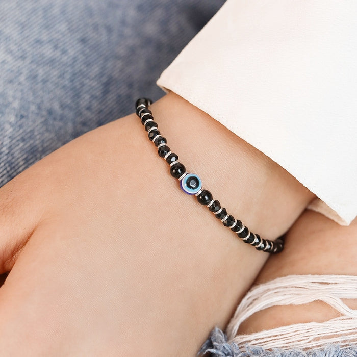 Black Beads Evil Eye 925 Silver Bracelet (Adjustable)