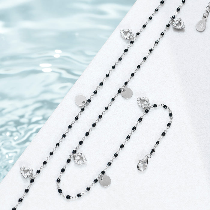 Black Beads with Heart Charms 925 Sterling Silver Anklet