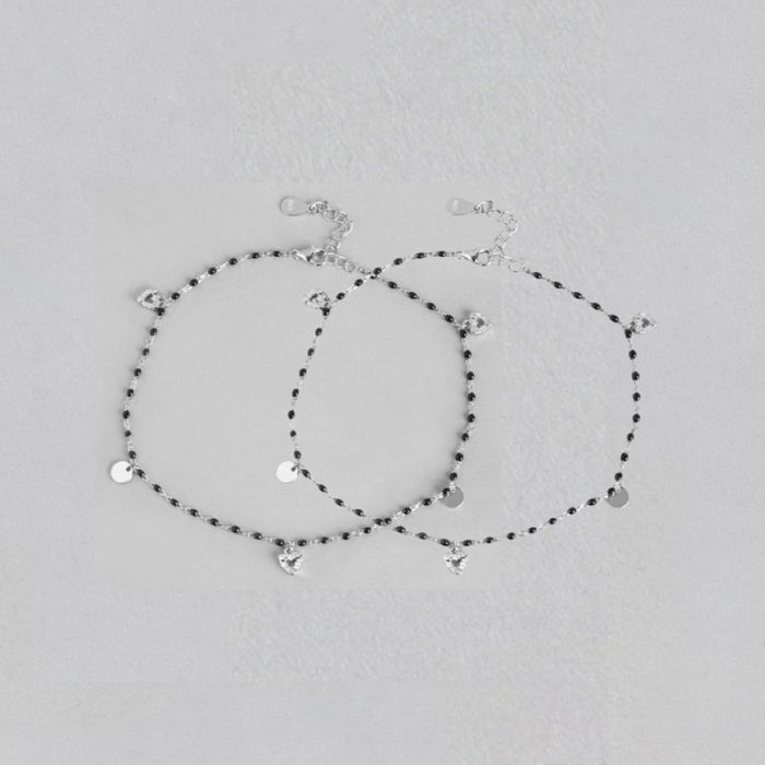 Black Beads with Heart Charms 925 Sterling Silver Anklet