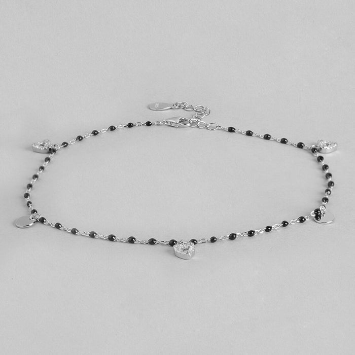 Black Beads with Heart Charms 925 Sterling Silver Anklet