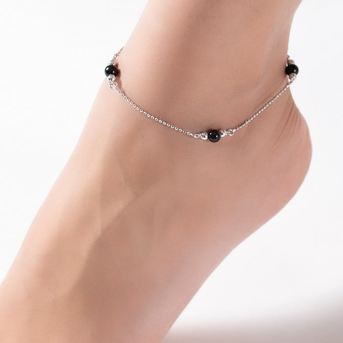 Black Pearl Rhodium Plated 925 Sterling Silver Chained Anklet