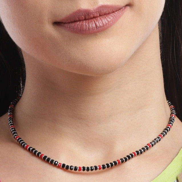 Black & Red Beads 925 Sterling Silver Necklace