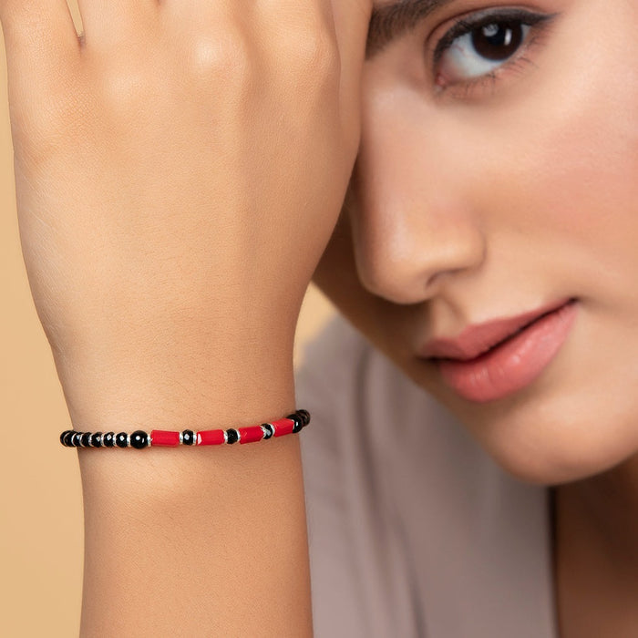 Black & Red Long Beads 925 Sterling Silver Bracelet