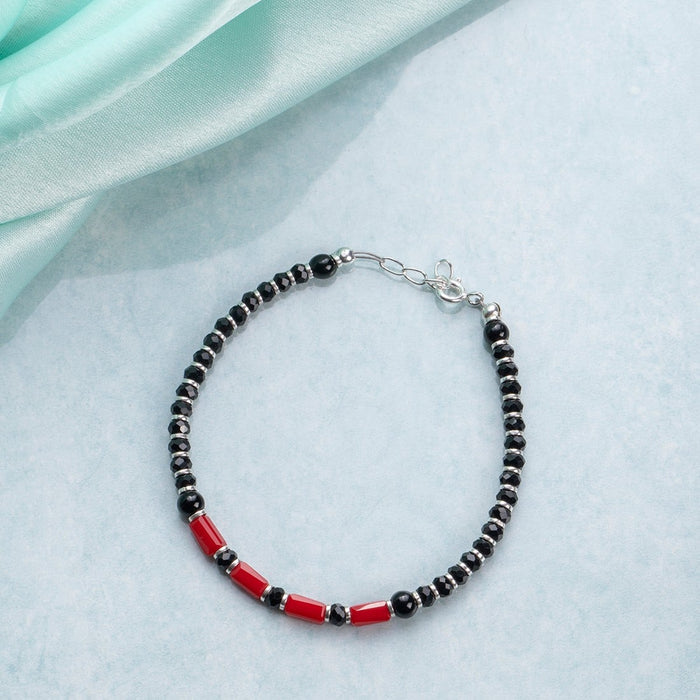 Black & Red Long Beads 925 Sterling Silver Bracelet