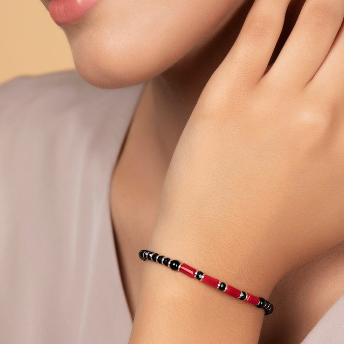 Black & Red Long Beads 925 Sterling Silver Bracelet