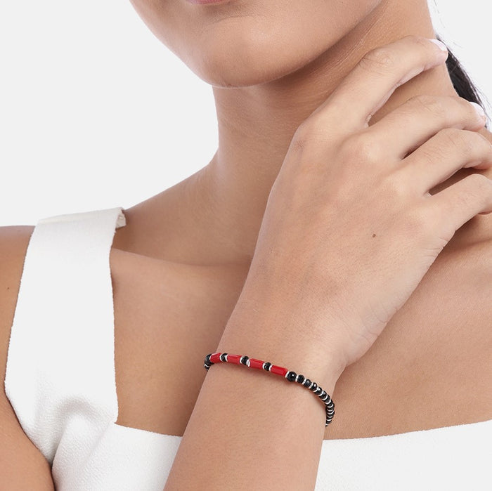 Black & Red Long Beads 925 Sterling Silver Bracelet