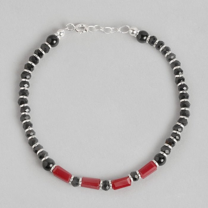 Black & Red Long Beads 925 Sterling Silver Bracelet