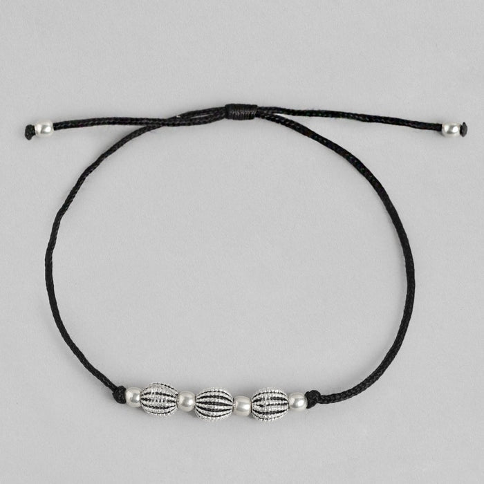 Black Thread Beads Rhodium Plated 925 Sterling Silver Anklet