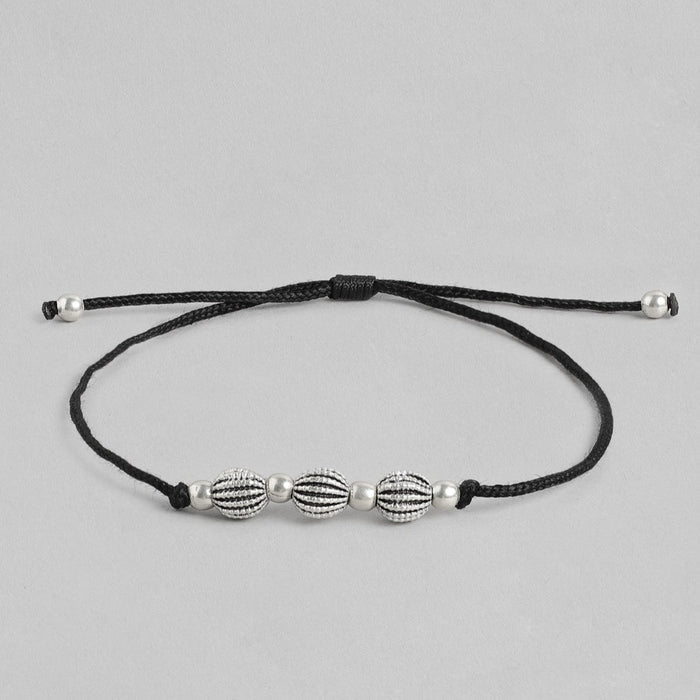 Black Thread Beads Rhodium Plated 925 Sterling Silver Anklet