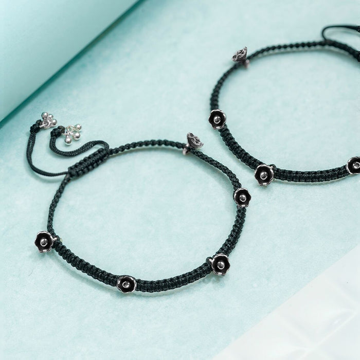 Black Thread Floral Charms 925 Sterling Silver Anklet