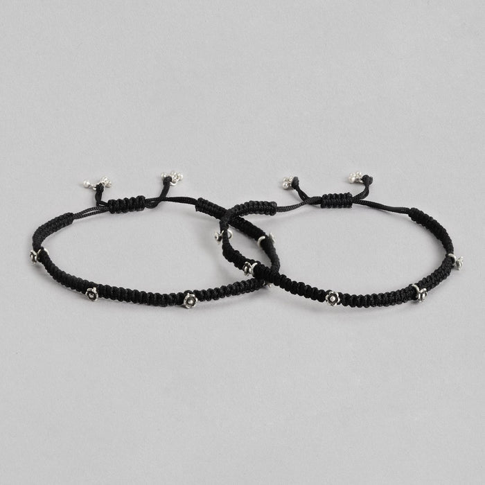 Black Thread Floral Charms 925 Sterling Silver Anklet