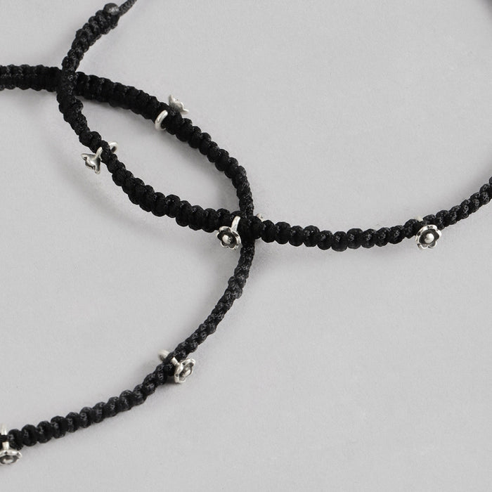 Black Thread Floral Charms 925 Sterling Silver Anklet