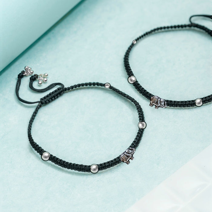 Black Thread With Elephant Charm 925 Sterling Silver Anklet