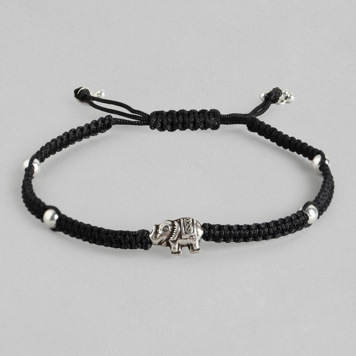 Black Thread With Elephant Charm 925 Sterling Silver Anklet