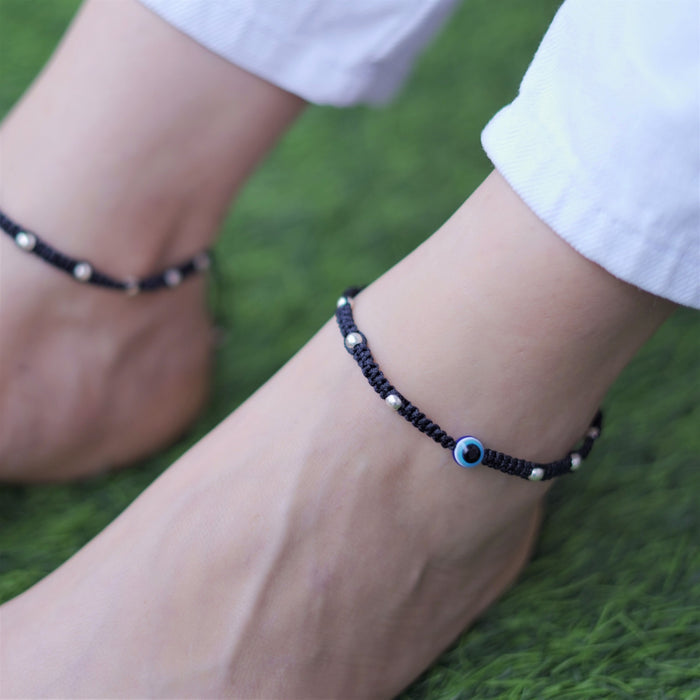 Black Thread with Evil Eye & Beads 925 Silver Anklet