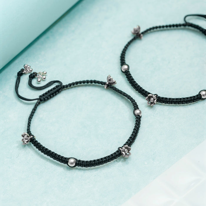 Black Thread with Floral Charms 925 Silver Anklet