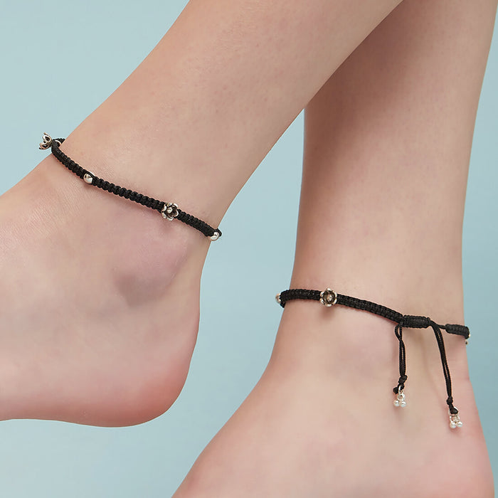 Black Thread with Floral Charms 925 Silver Anklet
