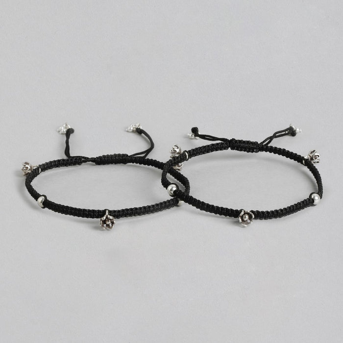Black Thread with Floral Charms 925 Silver Anklet