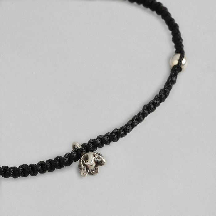 Black Thread with Floral Charms 925 Silver Anklet