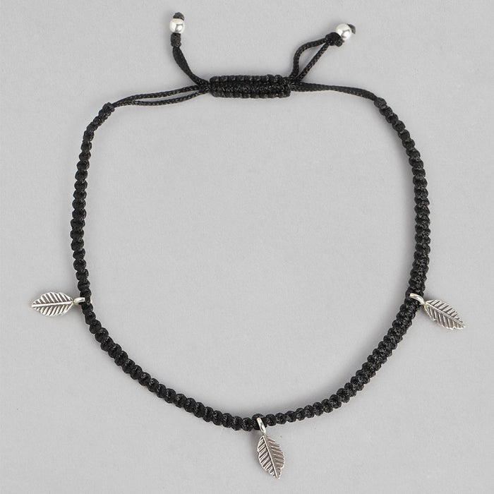 Black Thread With Leaf Charms 925 Silver Anklet