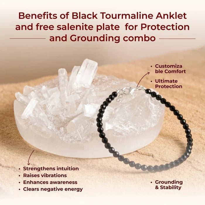 Black Tourmaline Anklet and Free Selenite plate for Protection and Grounding Combo - view 5