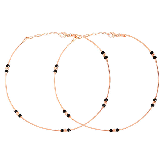 Pair of rose gold-plated 925 Sterling Silver anklets for women with dainty black beads. – Zavya
