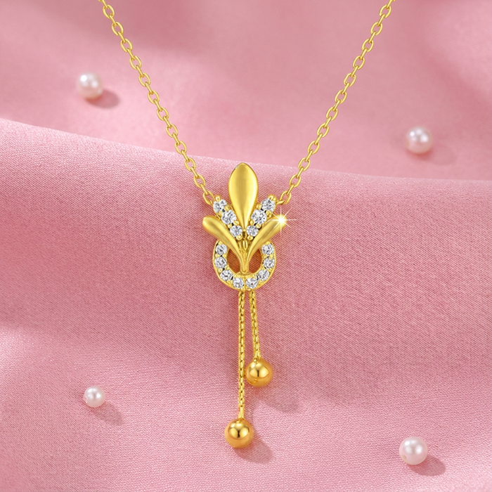 Gold plated 925 Sterling Silver necklace for women with a crystal floral drop pendant and dangling beads. – Zavya