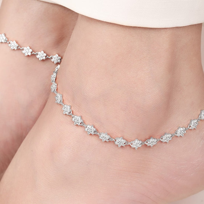 Blooming Beauty 925 Sterling Silver Rhodium-Plated Flower Anklet