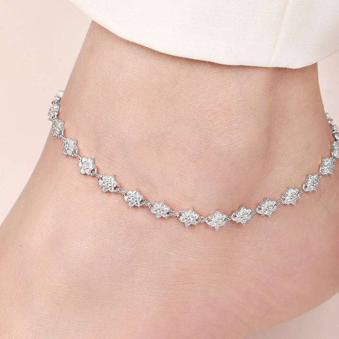 Blooming Beauty 925 Sterling Silver Rhodium-Plated Flower Anklet