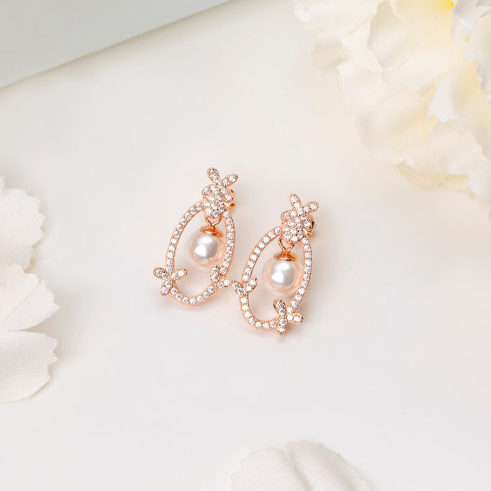 Blooming CZ & Pearl 925 Sterling Silver Rose Gold-Plated Earrings
